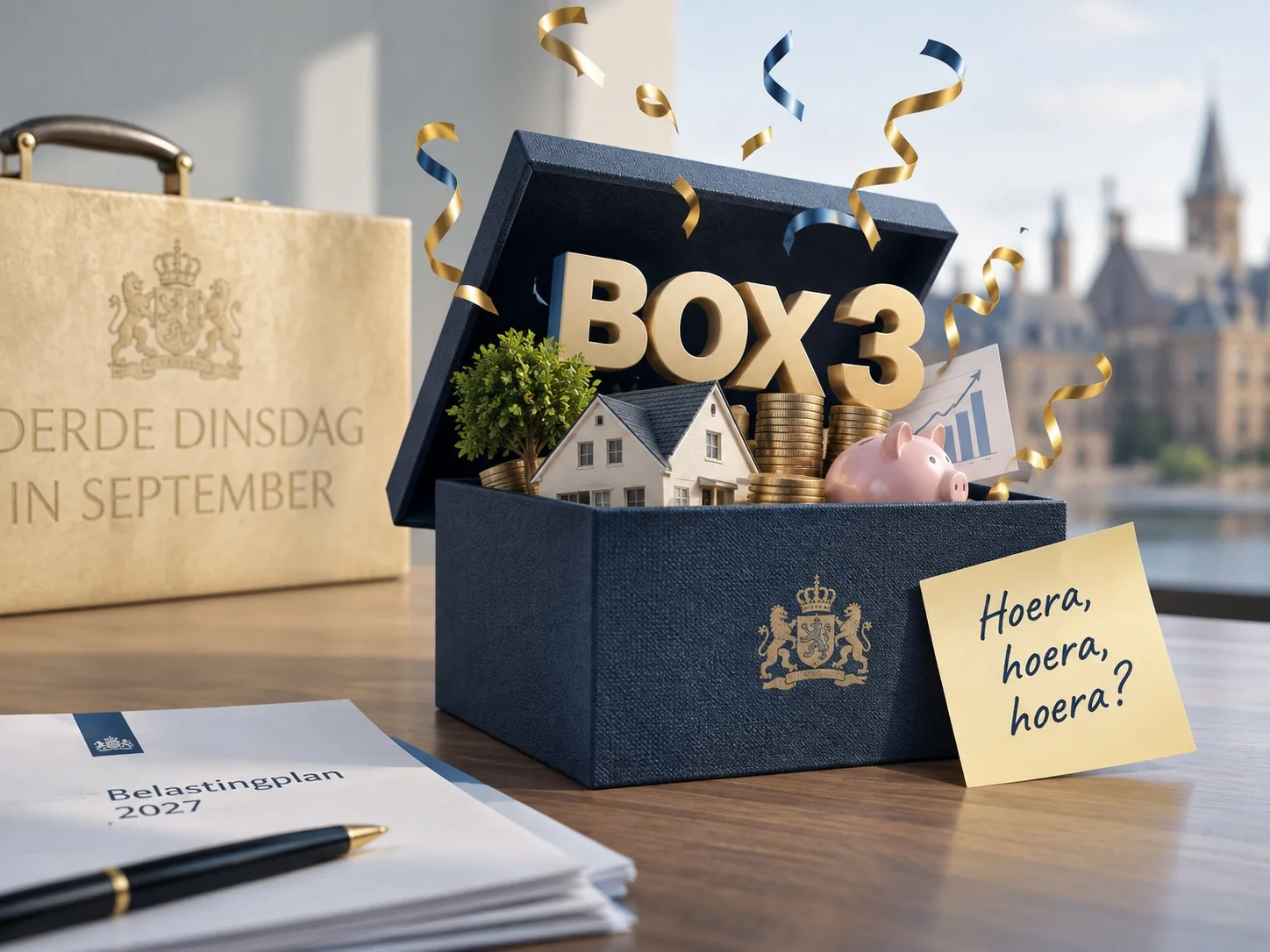 Geopend koffertje met gouden letters BOX 3, munten, een huisje en een spaarvarken, ernaast het Belastingplan 2027 en een briefje met ‘Hoera, hoera, hoera?’