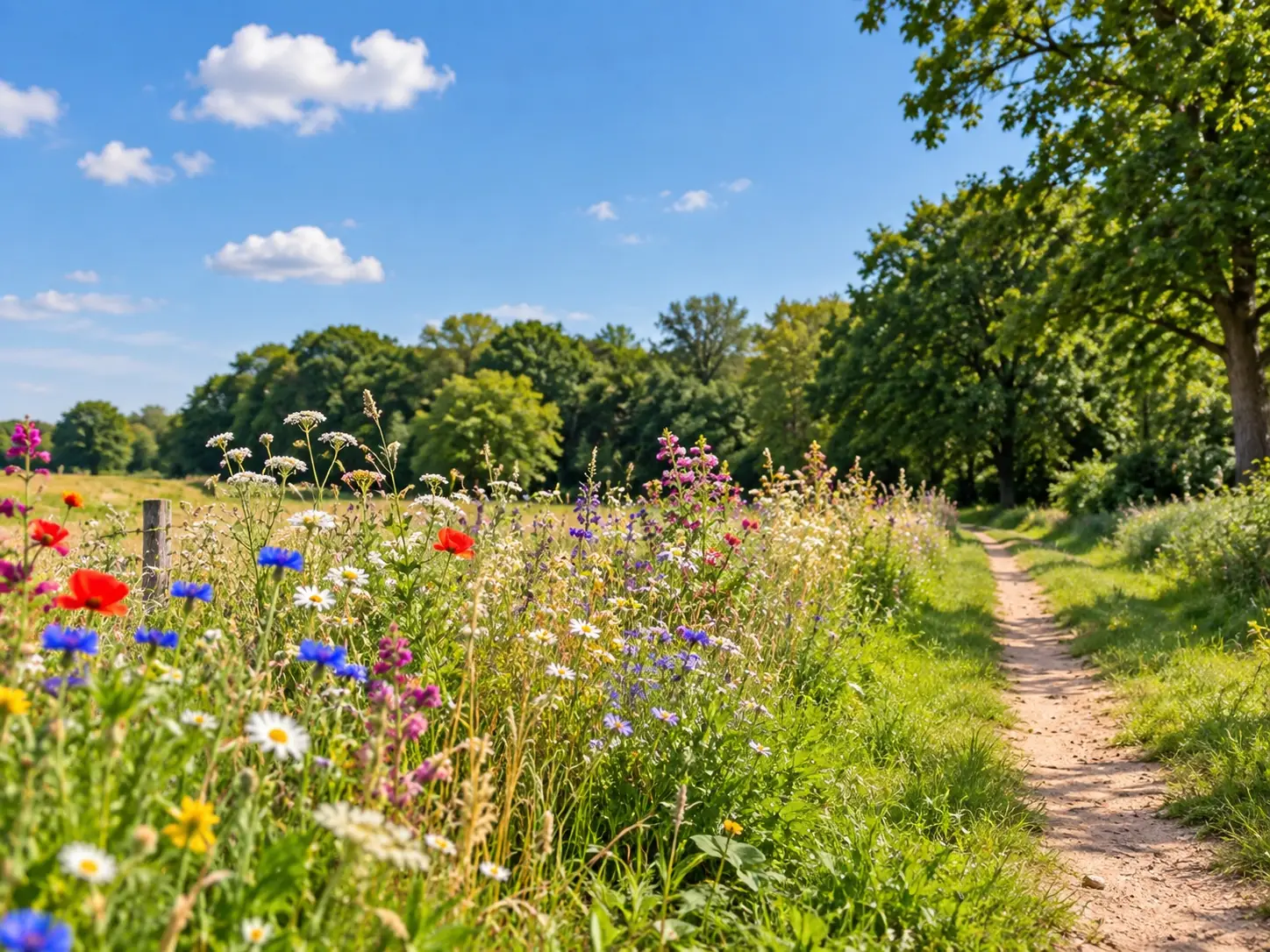 Bloemrijke berm met klaprozen en korenbloemen langs een zandpad met bomen