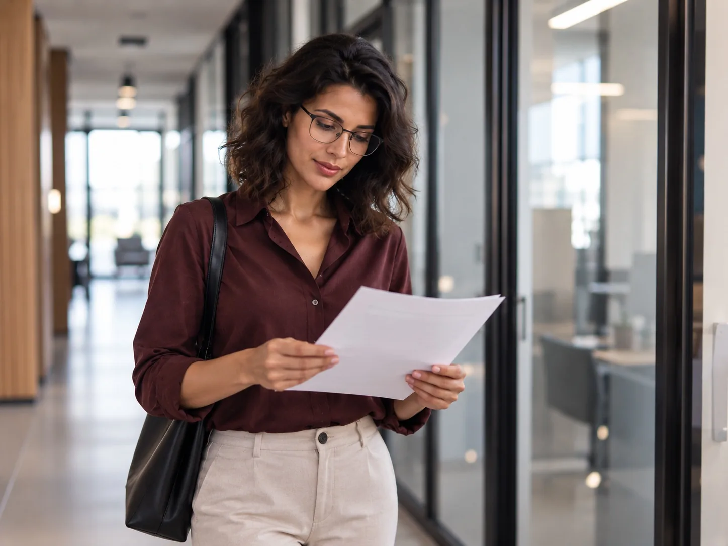 Vrouw loopt door een kantoorgang en leest een document