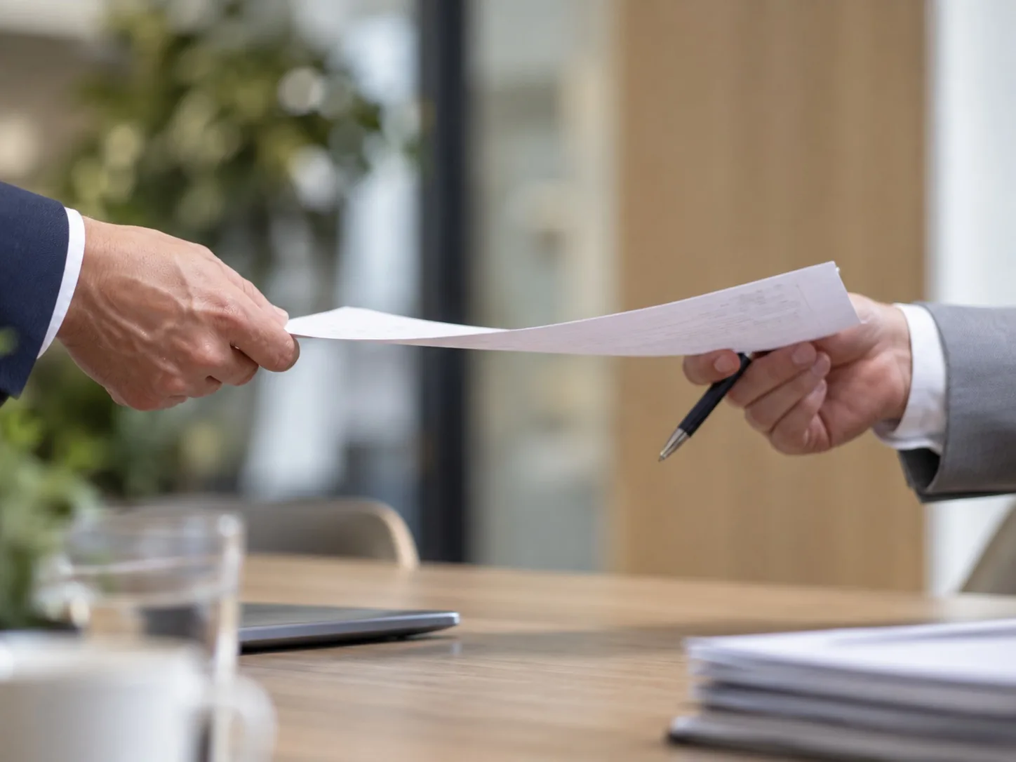 Twee mensen aan een vergadertafel geven elkaar een document en een pen aan